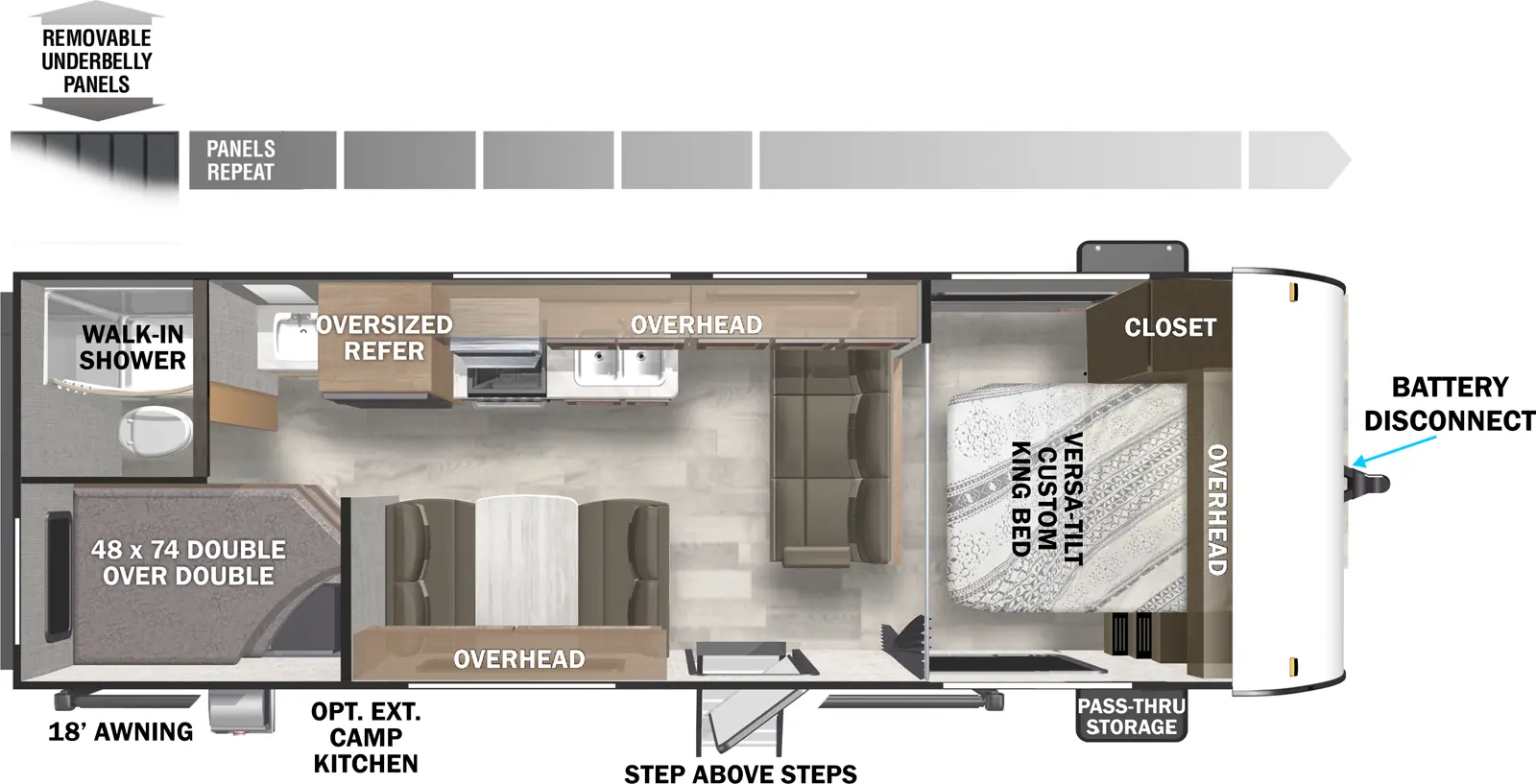 The X-Lite 261BHXL has one entry and zero slide outs. Exterior features include: metal exterior, 18' awning and outside kitchen. Interiors features include: bunk beds and front bedroom.